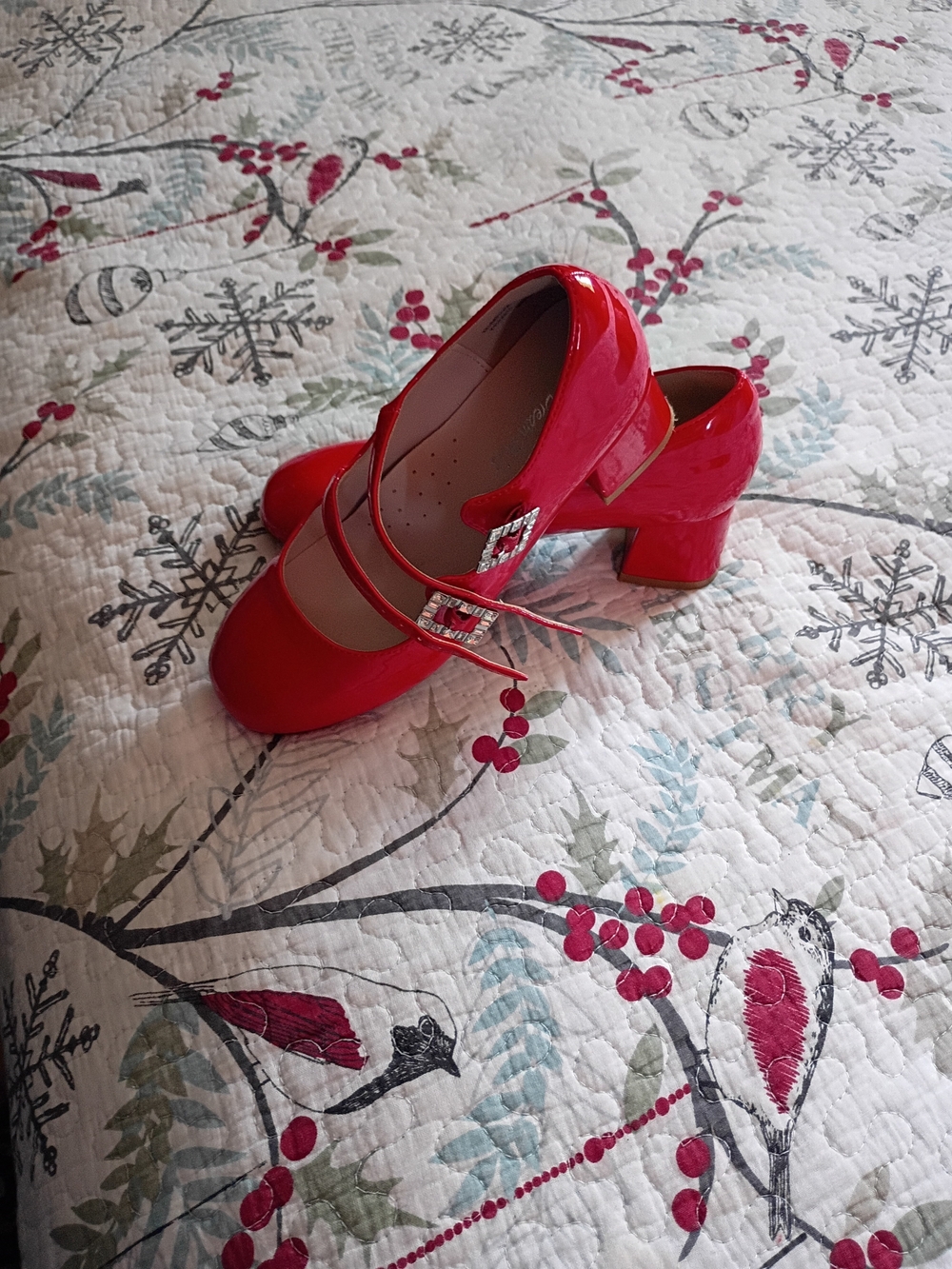 Kids Red Patent Mary Jane Block Heel Pumps with Crystal Buckles